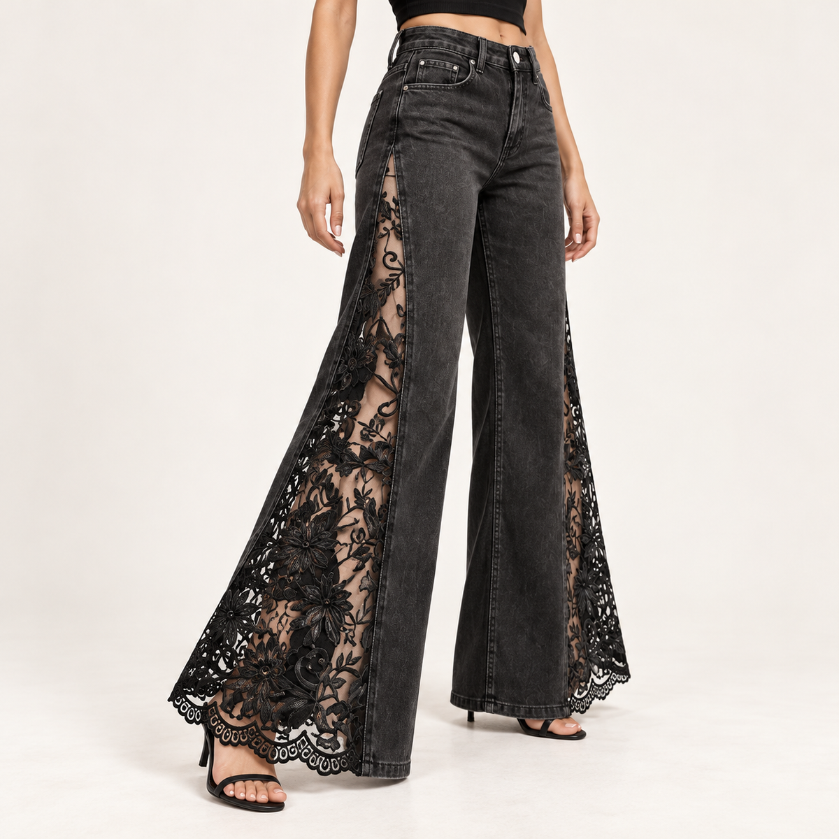 High-Waist Gothic Lace Wide-Leg Jeans