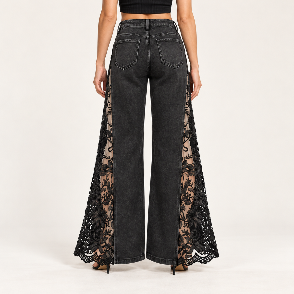 High-Waist Gothic Lace Wide-Leg Jeans