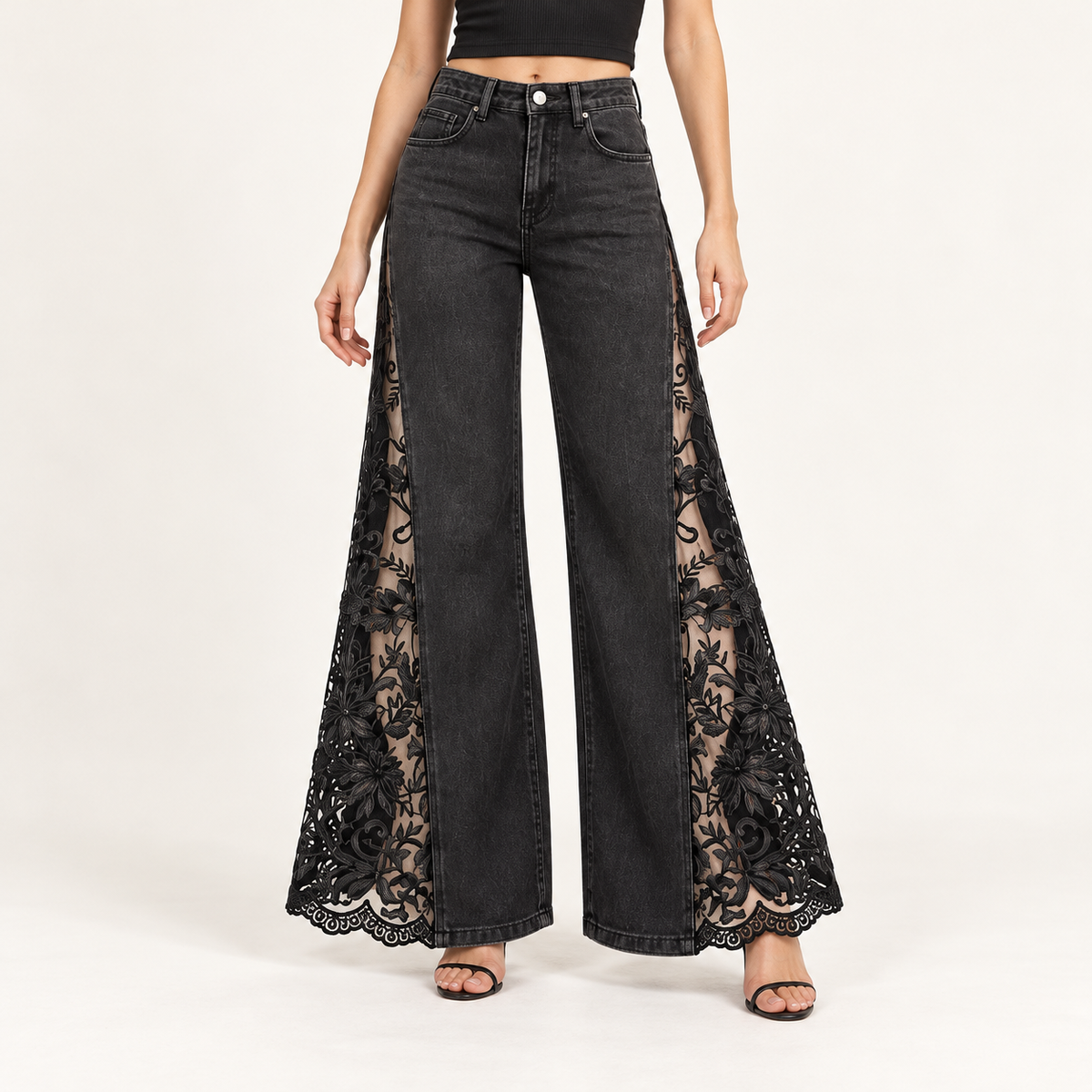 High-Waist Gothic Lace Wide-Leg Jeans